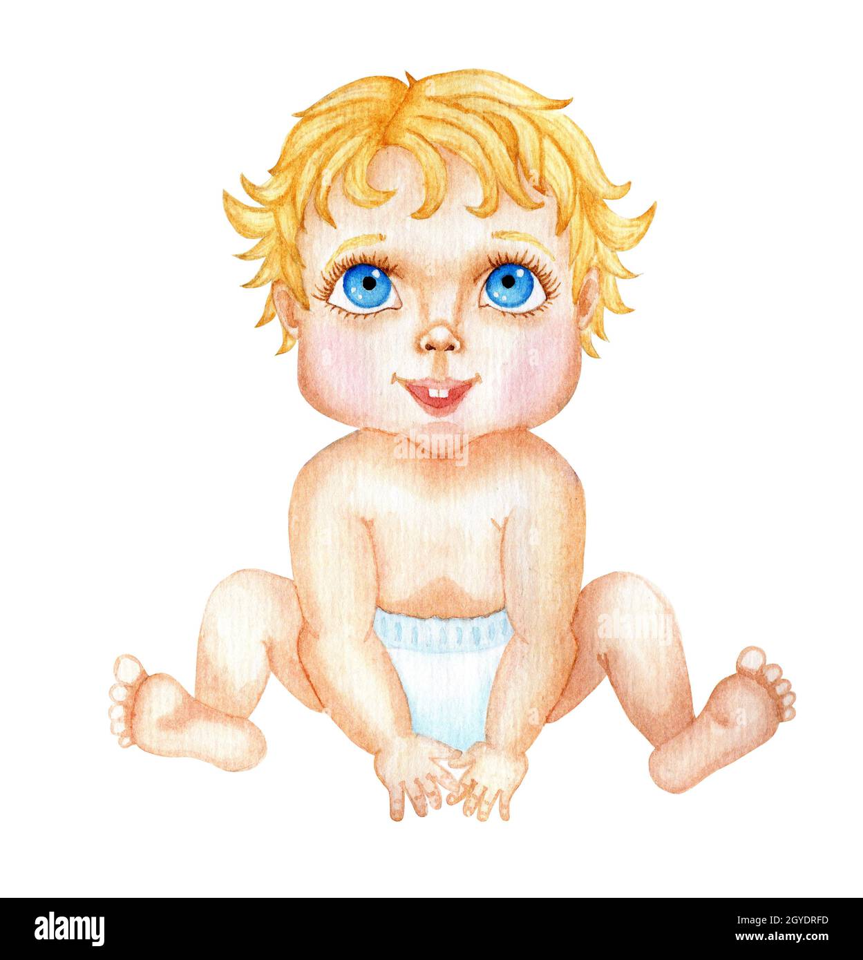 Watercolor cute little baby with big blue eyes sits in a diaper. Children`s cartoon illustration isolated on white background. Drawn by hand. Stock Photo
